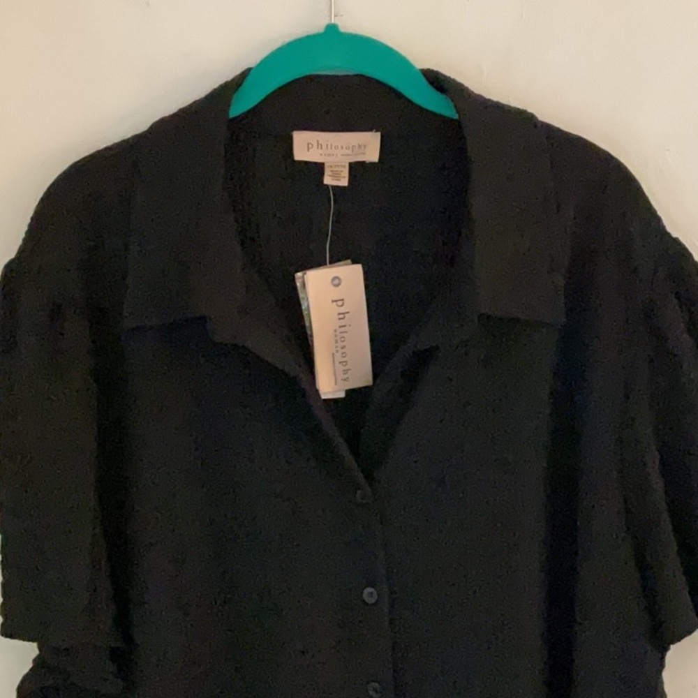 Philosophy Textured Short Sleeve Button Up Top, Size 3X, Black, NWT - Picture 2 of 12